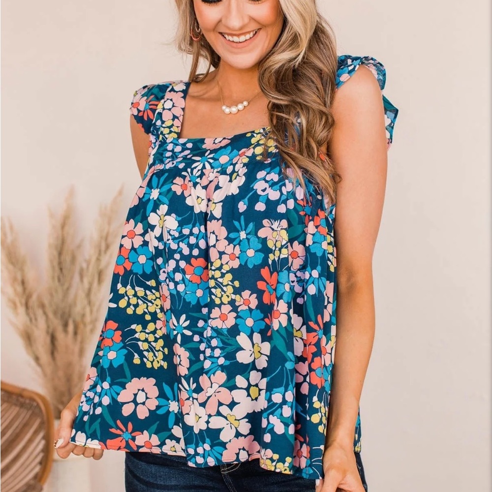 ANDREE BY UNIT Primrose Floral Top Square Neck Flutter Sleeve Navy Multi Size S
